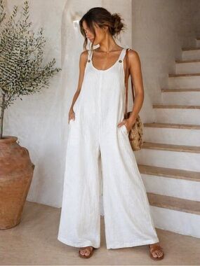 Treasure Cove LUXE LINEN Blend Wide Leg Jumpsuit NWT Made in Italy S/M Neutral